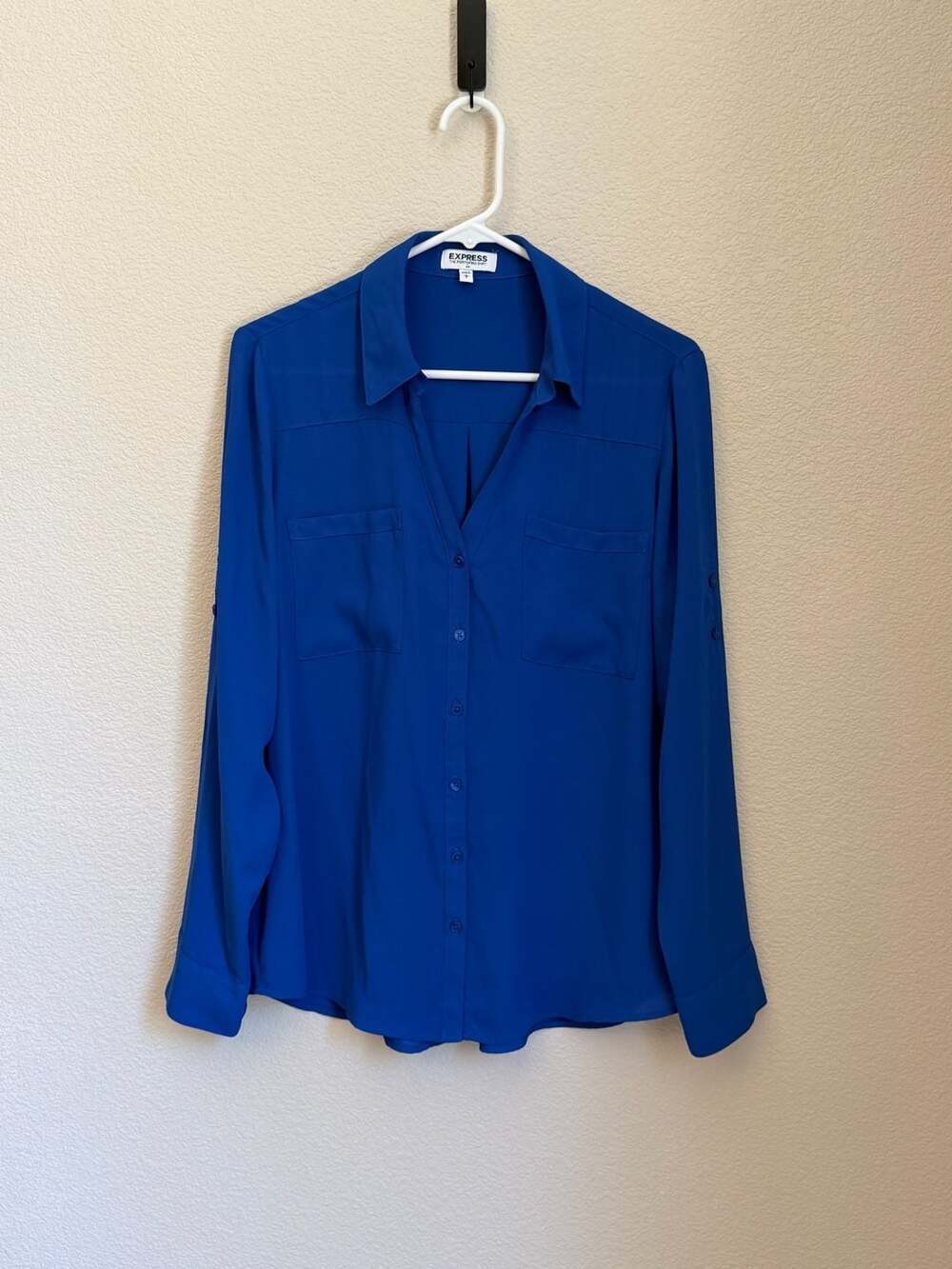 EXPRESS The Portofino Shirt Royal Blue Long Sleeve Button Down Blouse Size L